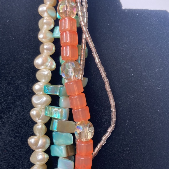 Multi Strand Blue Green Chunk Peach Imitation Pearl Necklace 23" - Picture 5 of 16